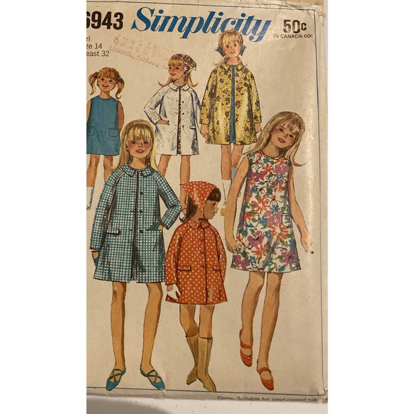 Simplicity 6943 Girls 14 A-line Shift Dress & Raglan Coat Sewing Pattern. Uncut - Picture 2 of 4